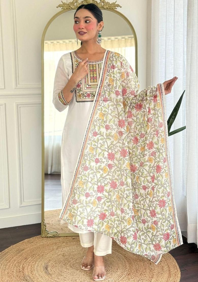 Cream Embroidered Viscose Kurta Set - Indya