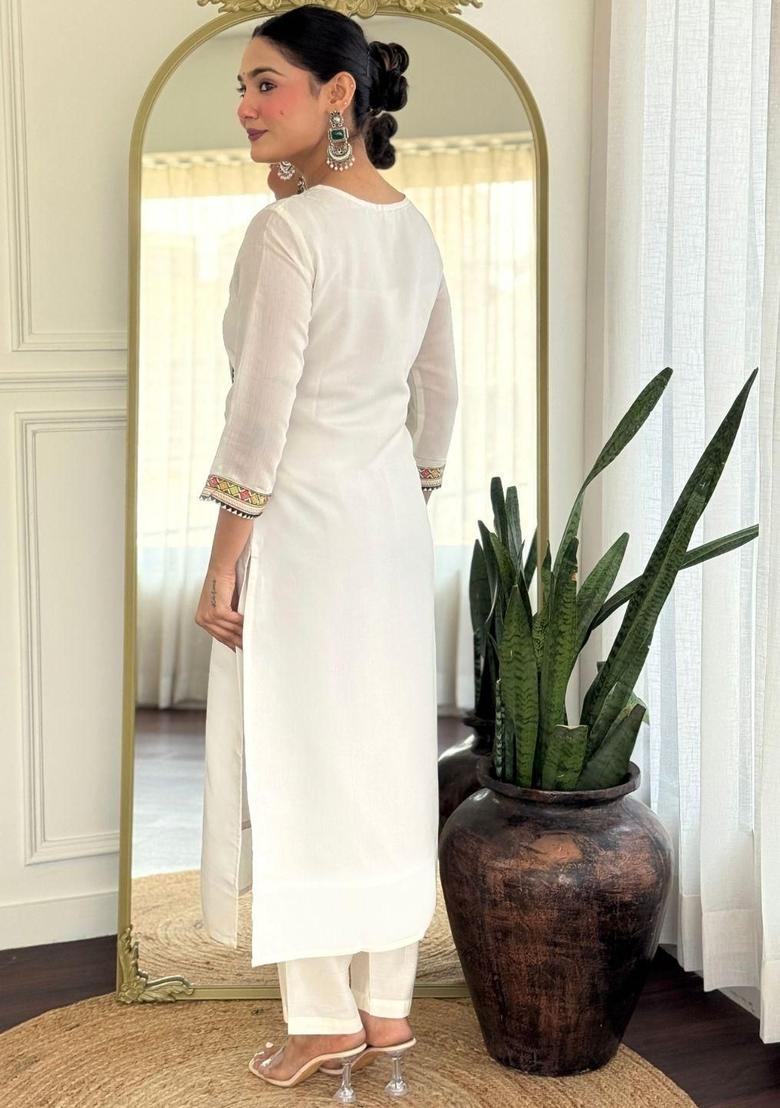 Cream Embroidered Viscose Kurta Set - Indya