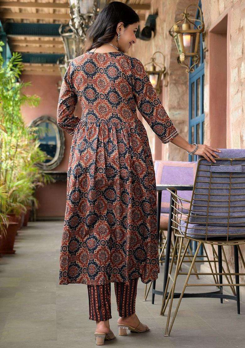 Maroon Printed Viscose Kurta Set - Indya