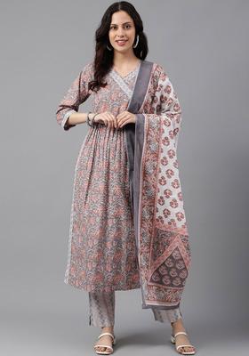 Grey Printed Cotton Anarkali Set