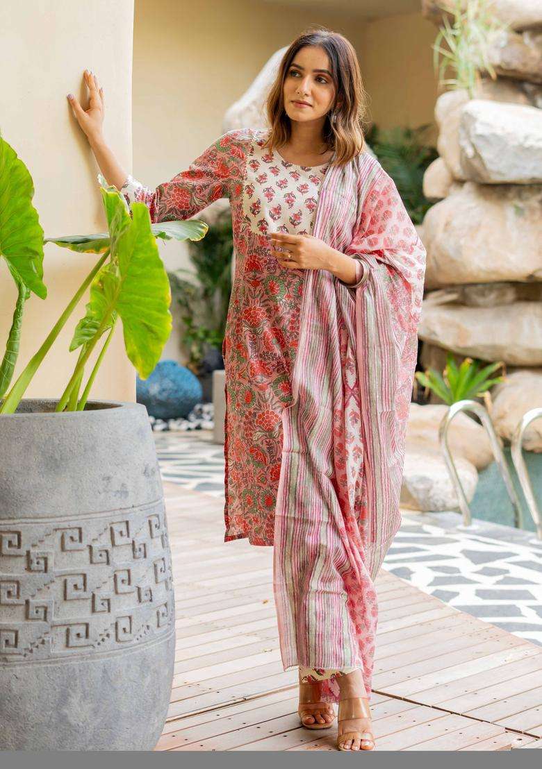 Peach Printed Cotton Kurta Set - Indya