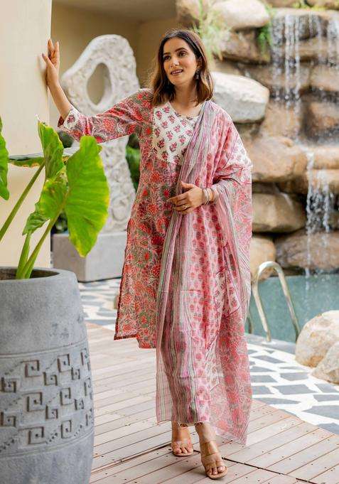 Peach Printed Cotton Kurta Set