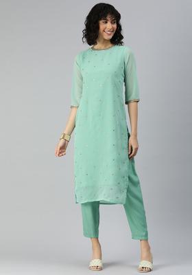 Sea Green Embroidered Georgette Kurta Set