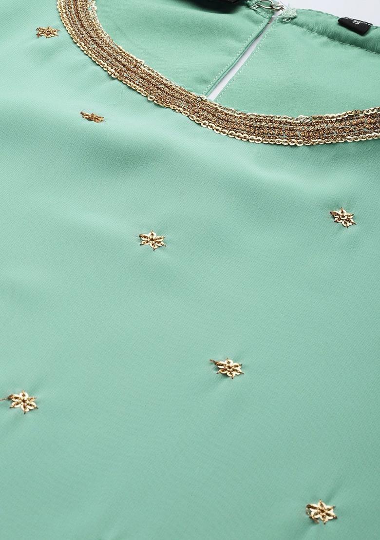 Sea Green Embroidered Georgette Kurta Set - Indya