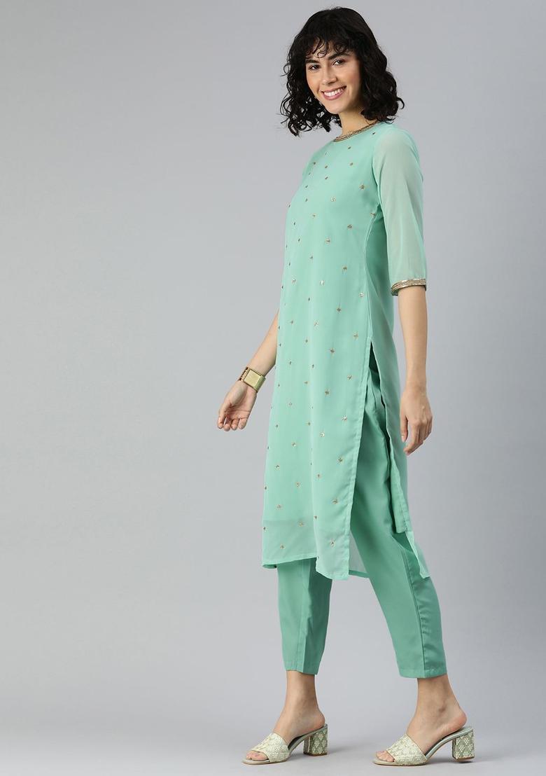 Sea Green Embroidered Georgette Kurta Set - Indya