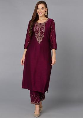 Burgundy Embroidered Silk Blend Kurta Set
