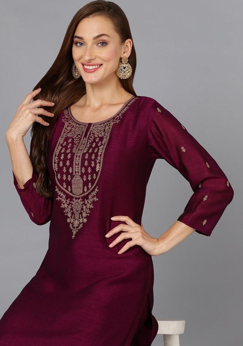 Burgundy Embroidered Silk Kurta Set - Indya