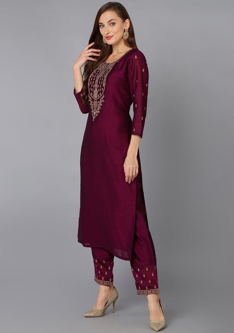 Burgundy Embroidered Silk Kurta Set - Indya