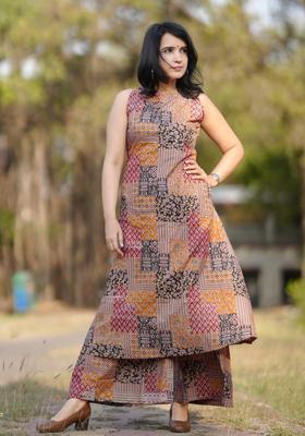 Brown Printed Viscose Kurta Set