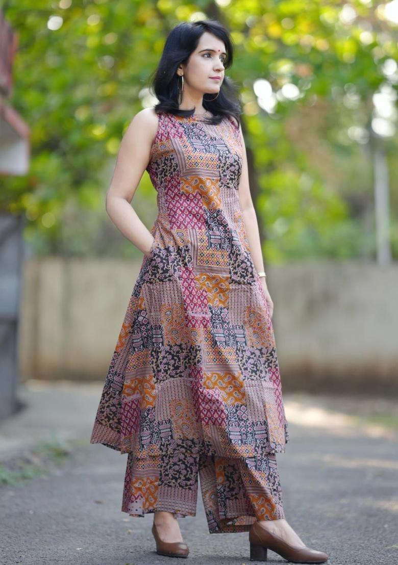 Brown Printed Viscose Kurta Set - Indya