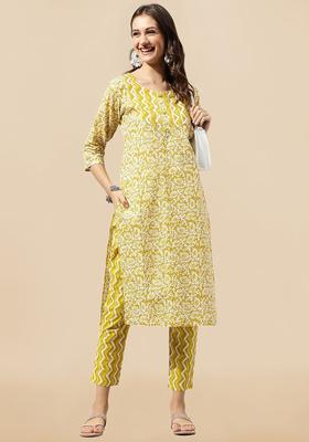 Mustard Printed Cotton Kurta Set