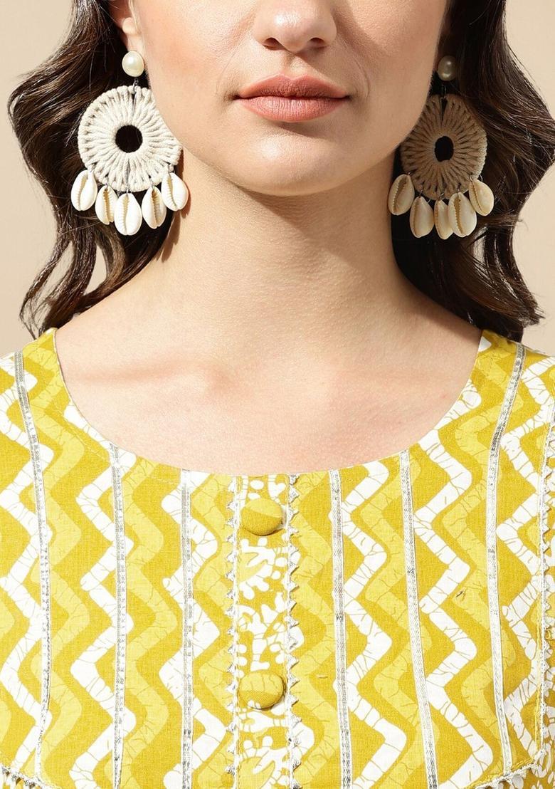Mustard Printed Cotton Kurta Set - Indya