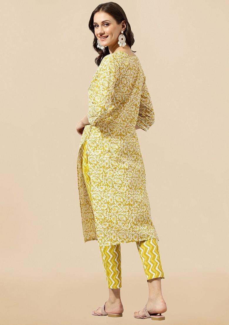 Mustard Printed Cotton Kurta Set - Indya