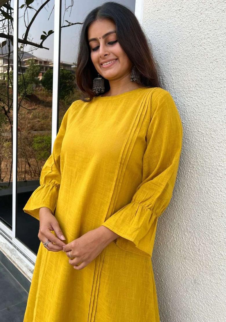 Yellow Solid Viscose Kurta Set - Indya