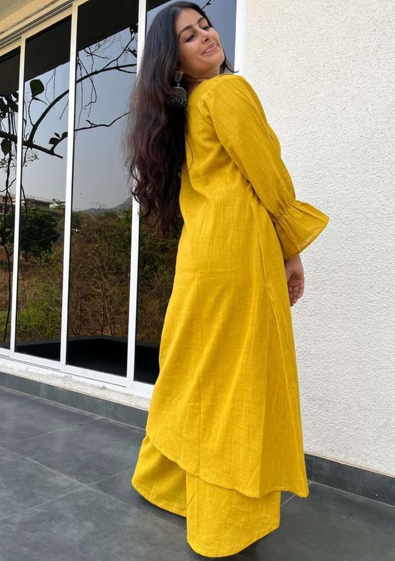 Yellow Solid Viscose Kurta Set - Indya