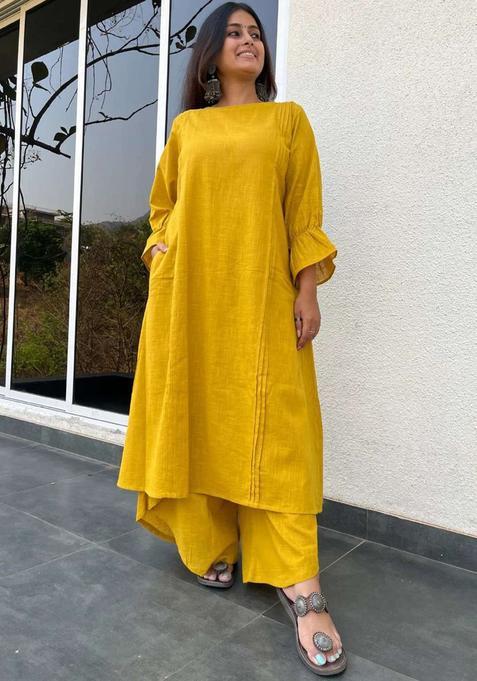 Yellow Solid Viscose Kurta Set — view on Indya