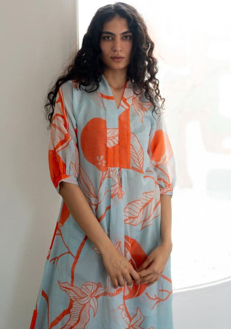 Orange Printed Cotton Kurta Set - Indya