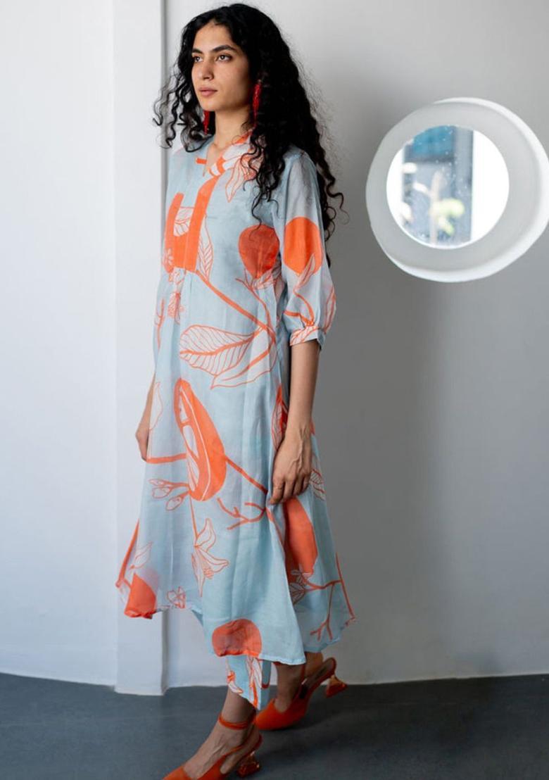 Orange Printed Cotton Kurta Set - Indya