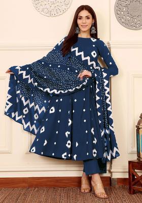 Navy Blue Printed Viscose Anarkali Set