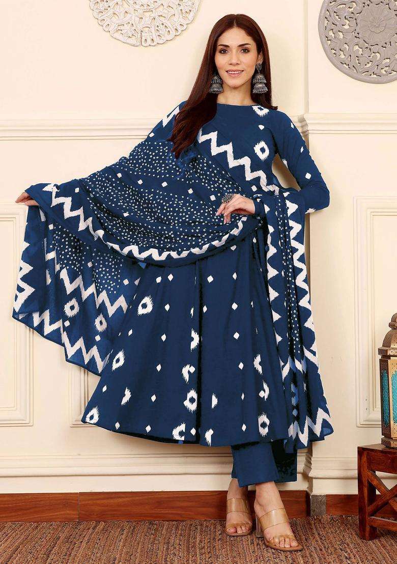 Navy Blue Printed Viscose Anarkali Set - Indya