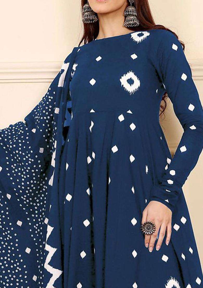 Navy Blue Printed Viscose Anarkali Set - Indya