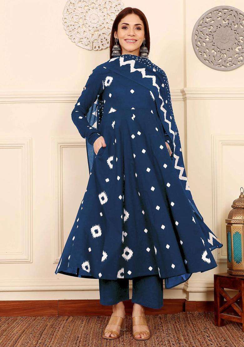 Navy Blue Printed Viscose Anarkali Set - Indya