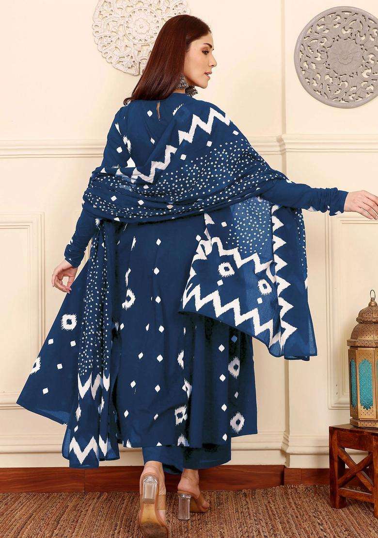 Navy Blue Printed Viscose Anarkali Set - Indya