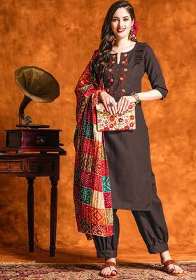 Brown Yoke Design Cotton Kurta Set