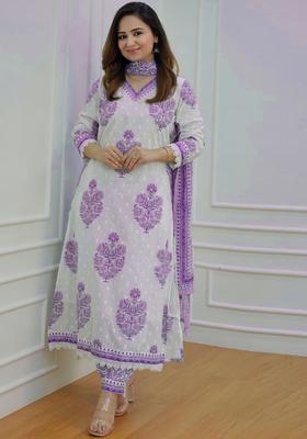 Purple Printed Cotton Kurta Set