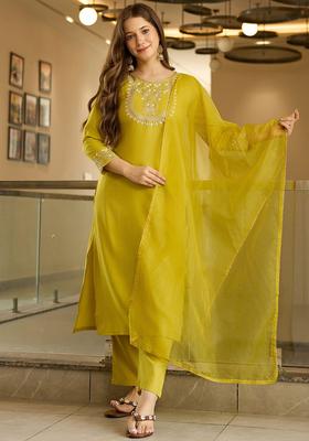 Lime Green Embroidered Viscose Kurta Set