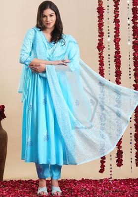Blue Printed Viscose Anarkali Set