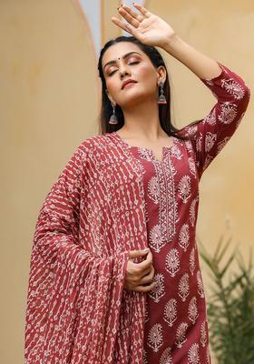 Maroon Printed Viscose Kurta Set