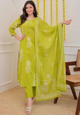 Lime Green Printed Cotton Kurta Set