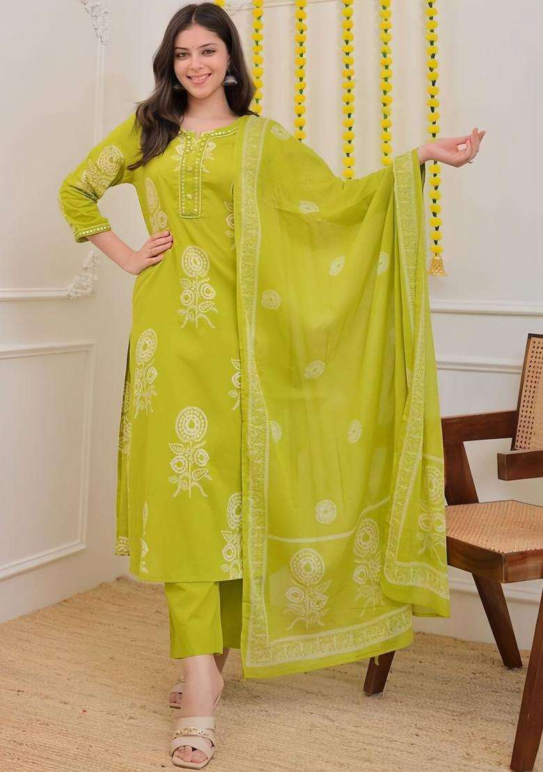 Lime Green Printed Cotton Kurta Set - Indya