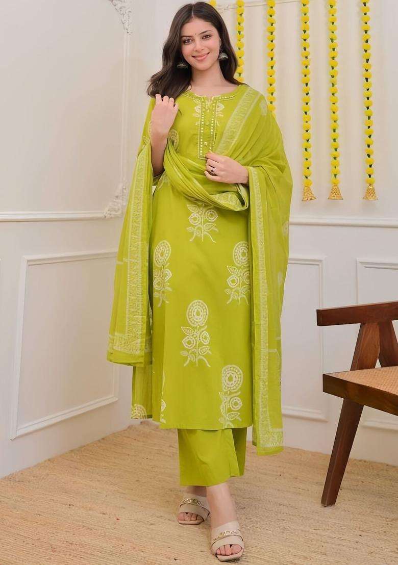 Lime Green Printed Cotton Kurta Set - Indya