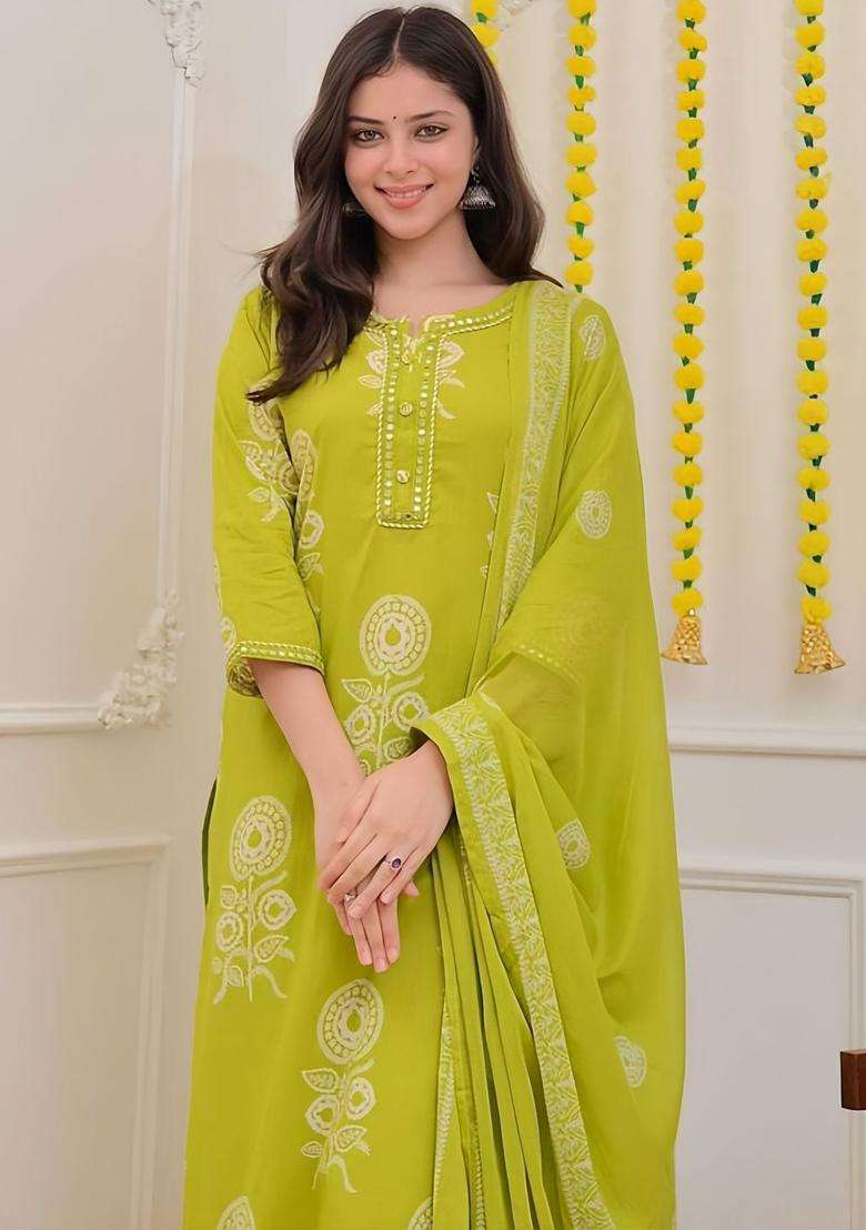 Lime Green Printed Cotton Kurta Set - Indya