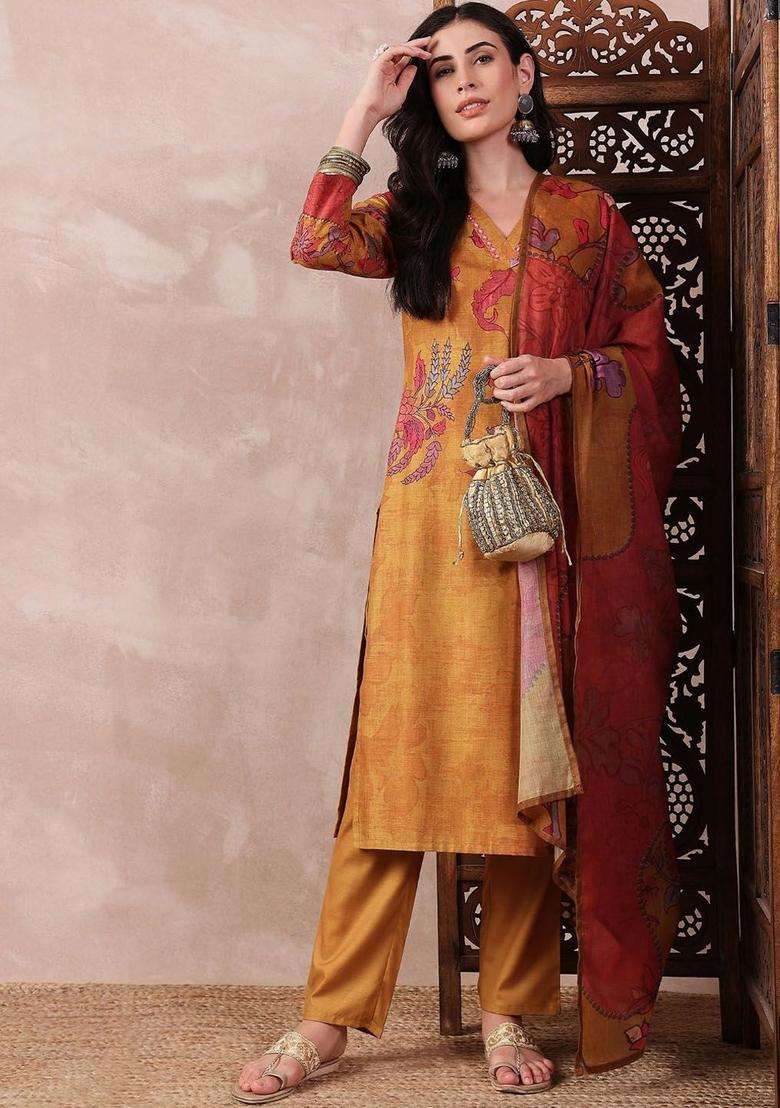 Mustard Printed Viscose Kurta Set - Indya