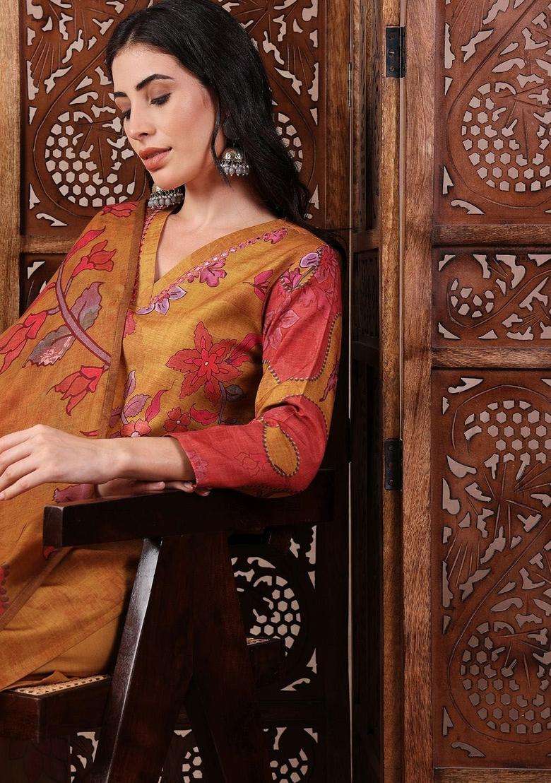 Mustard Printed Viscose Kurta Set - Indya