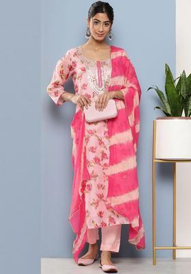 Pink Printed Cotton Kurta Set
