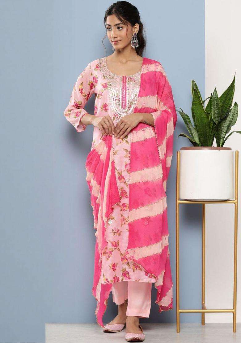 Pink Printed Cotton Kurta Set - Indya