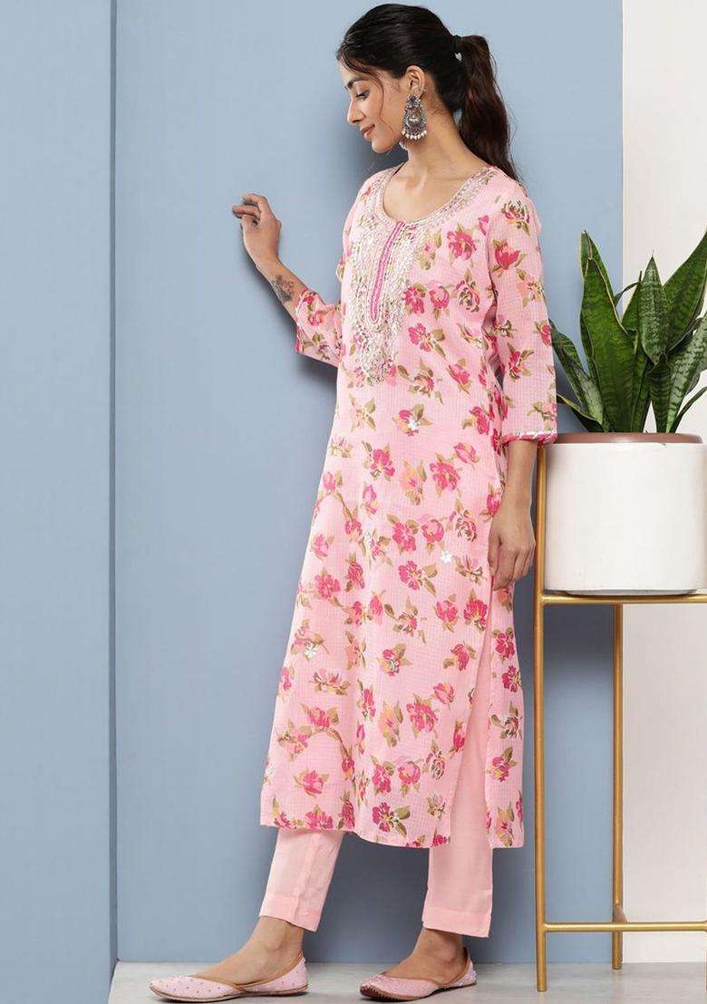 Pink Printed Cotton Kurta Set - Indya