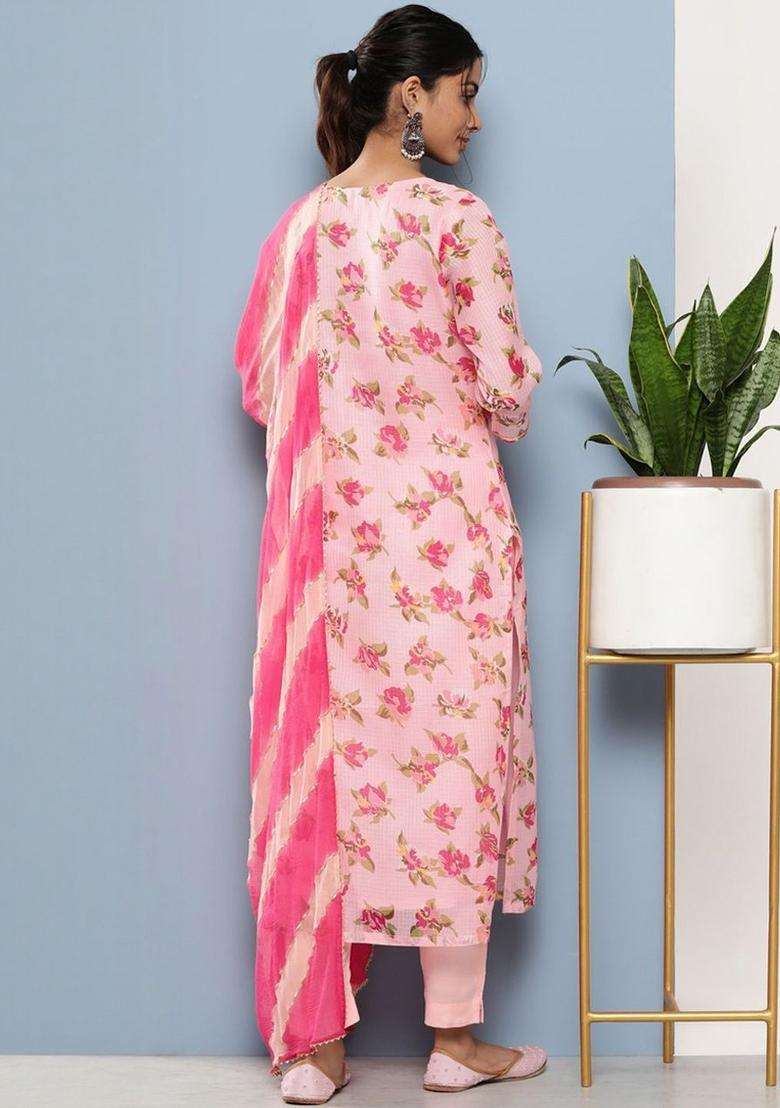 Pink Printed Cotton Kurta Set - Indya