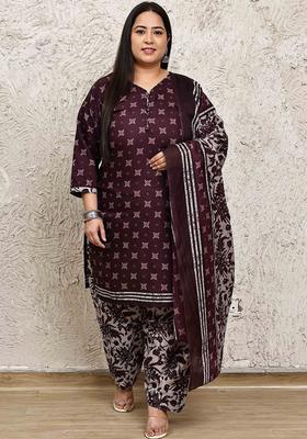 Maroon Printed Cotton Kurta Set