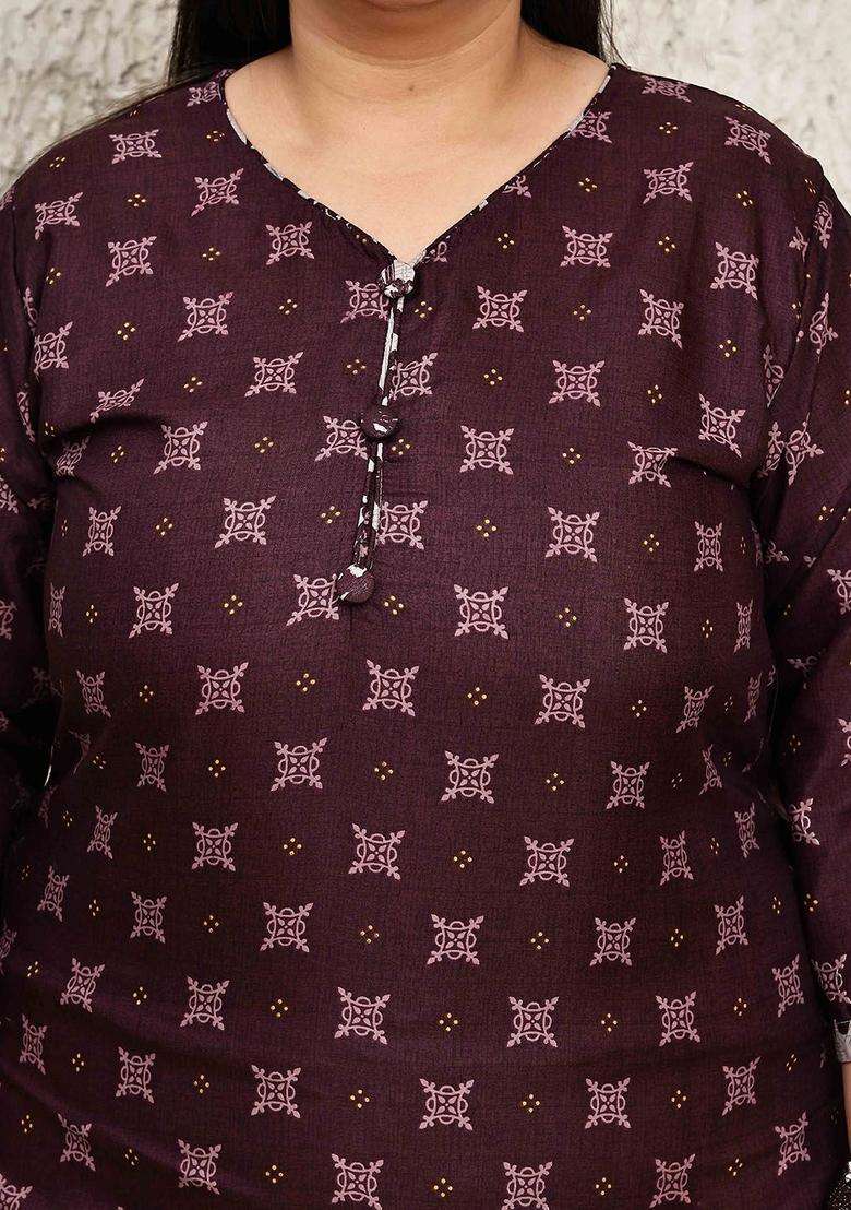 Maroon Printed Cotton Kurta Set - Indya