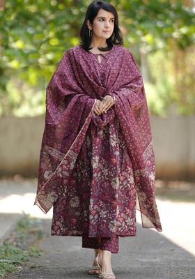 Purple Printed Viscose Kurta Set
