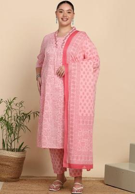 Pink Printed Cotton Kurta Set