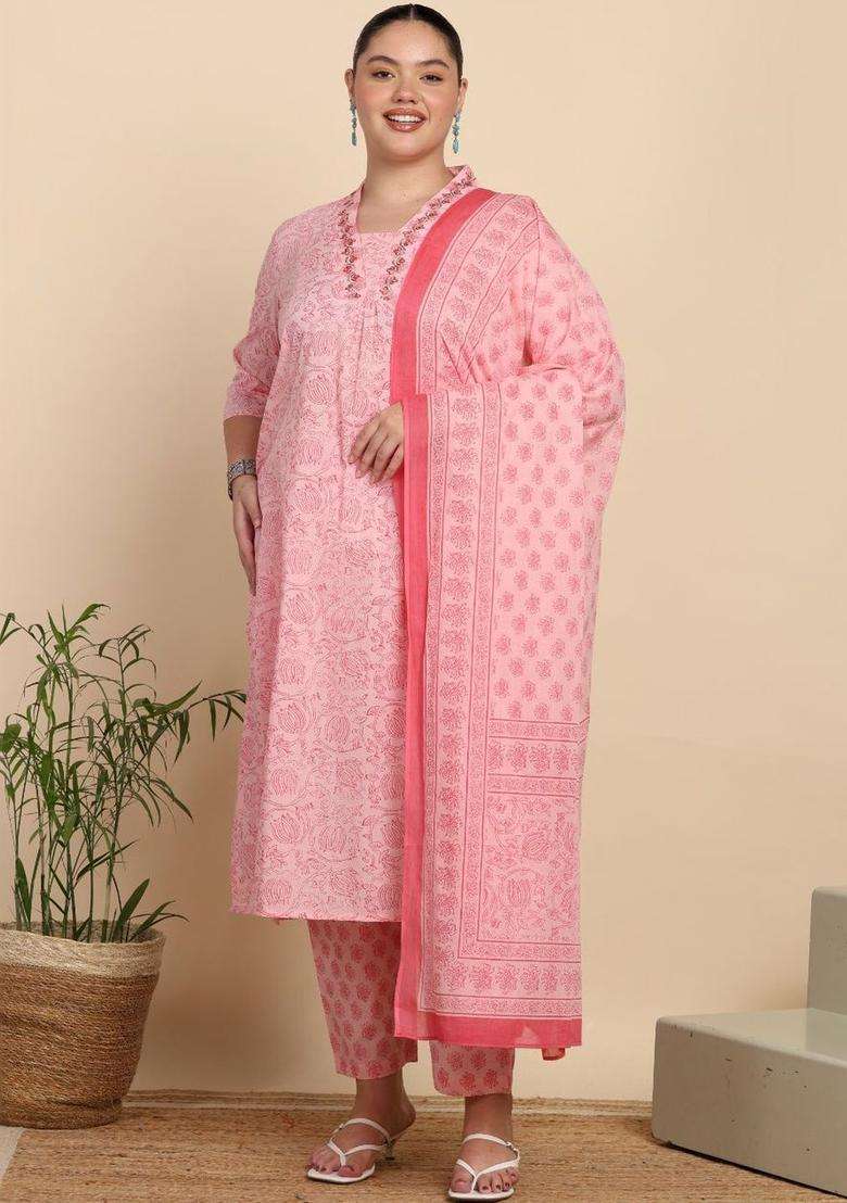 Pink Printed Cotton Kurta Set - Indya