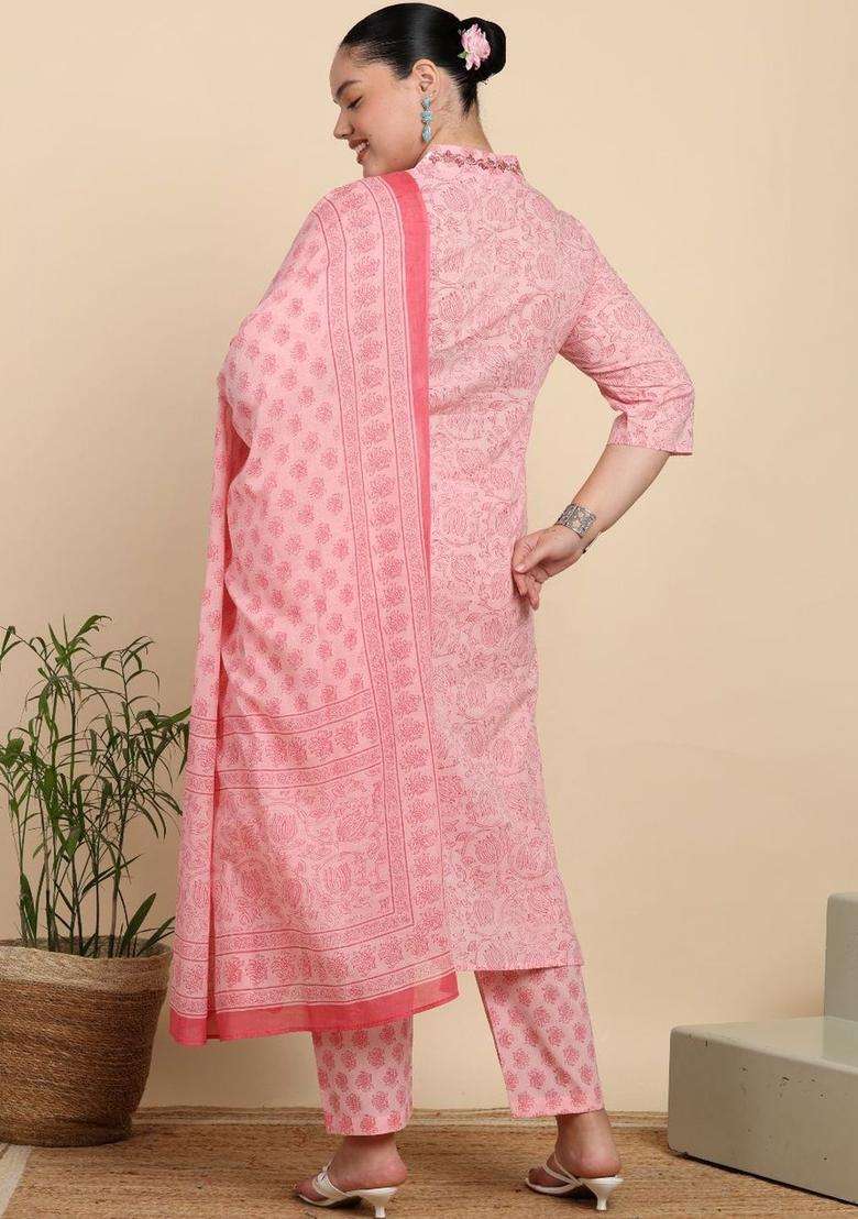 Pink Printed Cotton Kurta Set - Indya