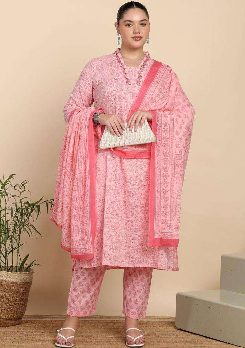 Pink Printed Cotton Kurta Set - Indya
