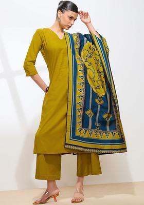 Olive Solid Cotton Kurta Set